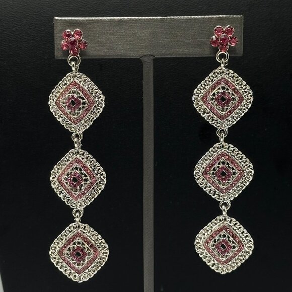3/$30 Statement Dangle Earrings Silver Tone Pierced Long Drop Pink Rhinestone 3" - Picture 1 of 8